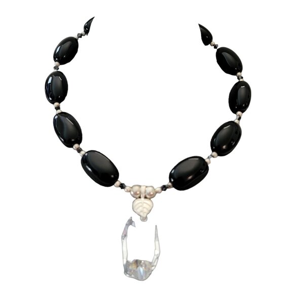 Sterling Silver Black Onyx Clear Geometrical Crystal Pendant Necklace E872 - Picture 8 of 16